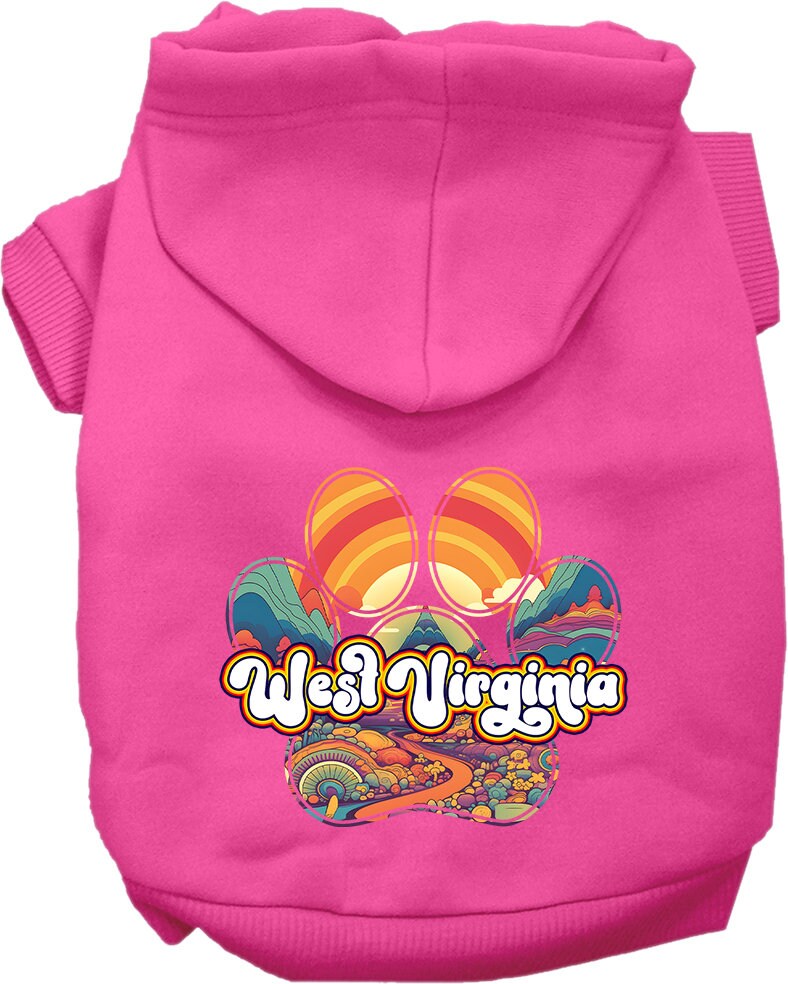 A cozy pet hoodie for small to medium dogs and cats, featuring a colorful 'West Virginia Groovy Summit' print, designed for comfort and durability.