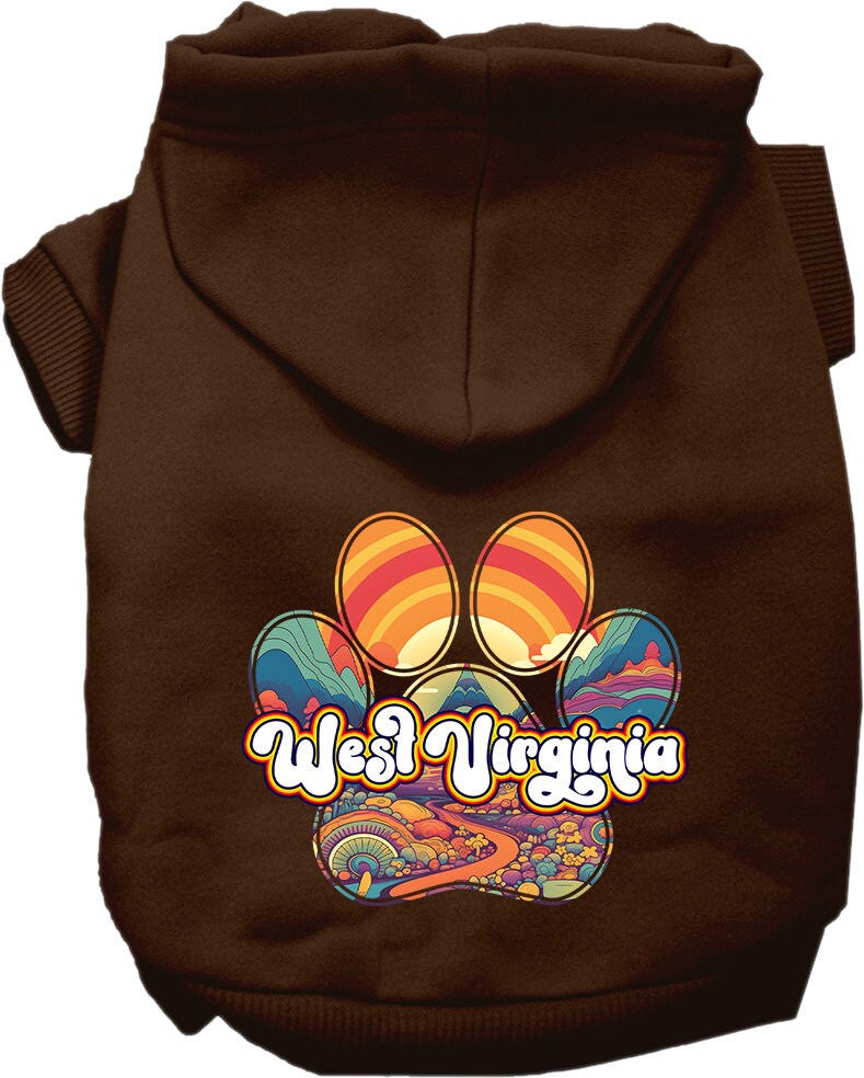 A cozy pet hoodie for small to medium dogs and cats, featuring a colorful 'West Virginia Groovy Summit' print, designed for comfort and durability.