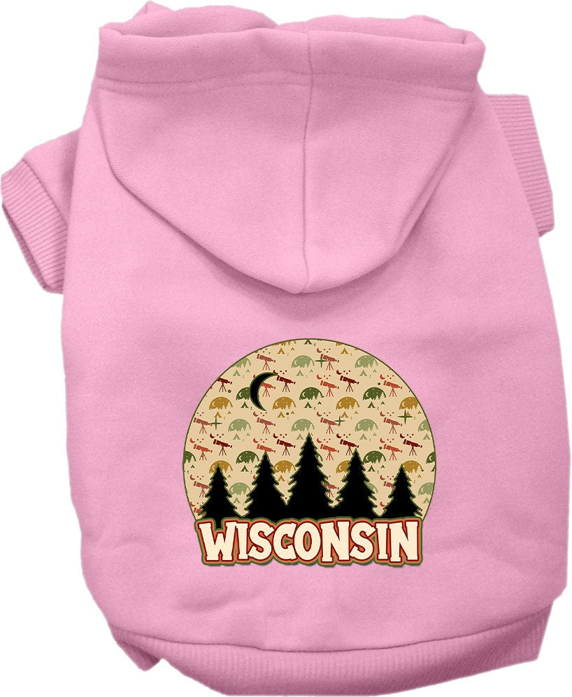A small to medium pet wearing a cozy screen printed hoodie with 'Wisconsin Under The Stars' design, showcasing its soft fabric and convenient leash access.