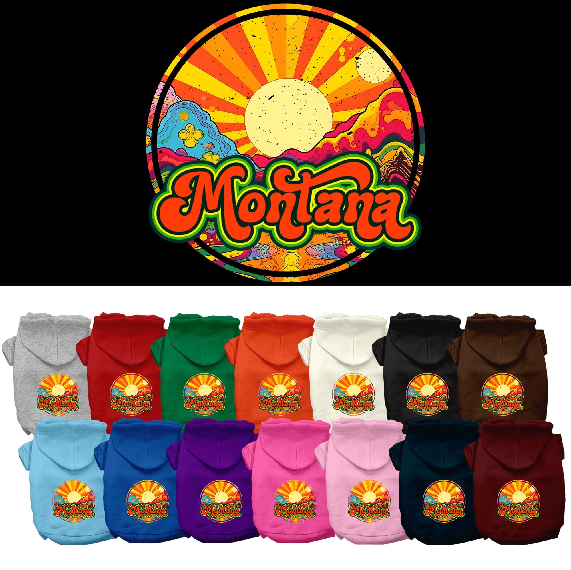 A cozy screen printed hoodie for small to medium pets, featuring a stylish 'Montana Mellow Mountain' design, perfect for dogs and cats.