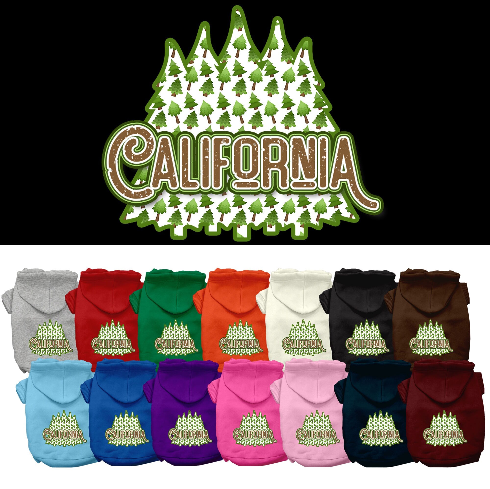 A cozy screen printed hoodie for small to medium pets featuring a California Woodland Trees design, perfect for stylish outdoor adventures.