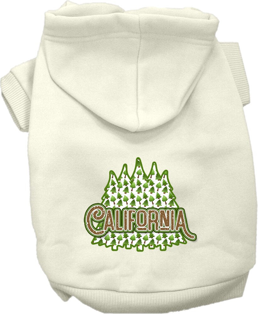 A cozy screen printed hoodie for small to medium pets featuring a California Woodland Trees design, perfect for stylish outdoor adventures.