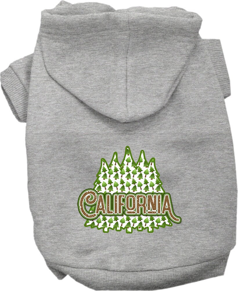 A cozy screen printed hoodie for small to medium pets featuring a California Woodland Trees design, perfect for stylish outdoor adventures.