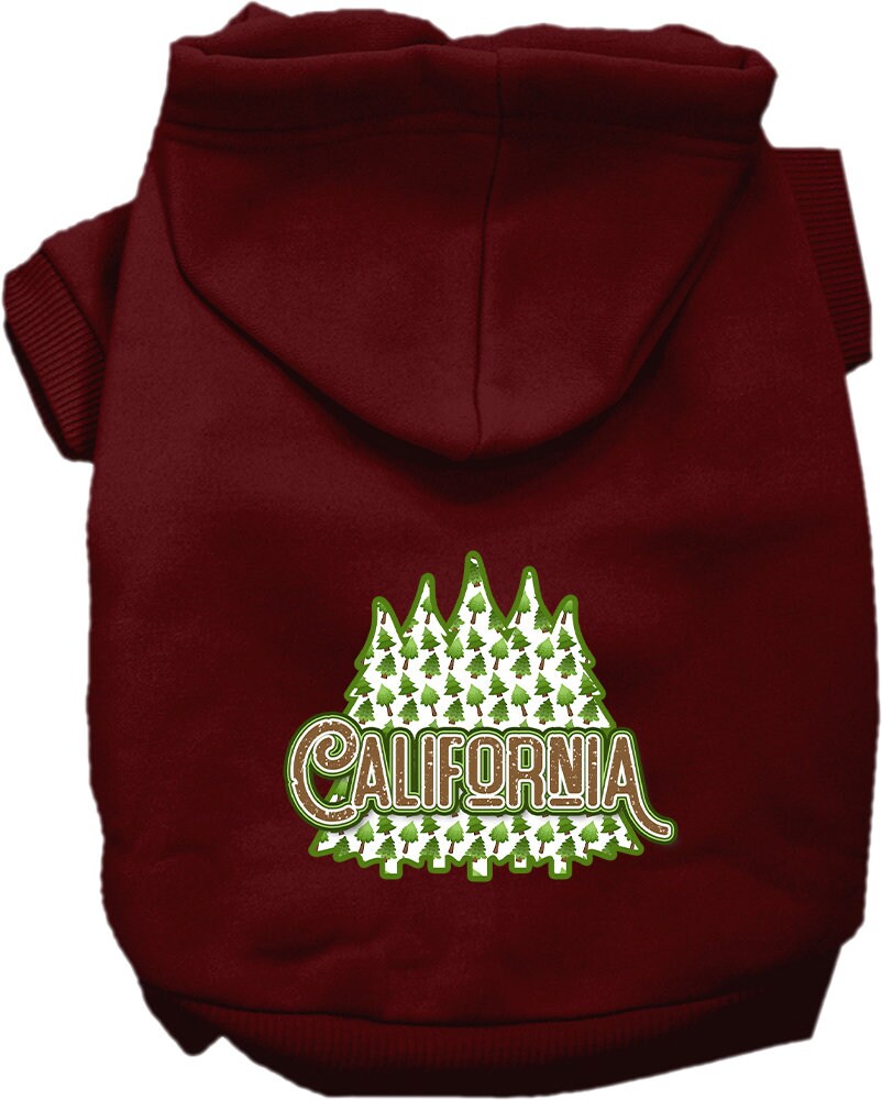 A cozy screen printed hoodie for small to medium pets featuring a California Woodland Trees design, perfect for stylish outdoor adventures.