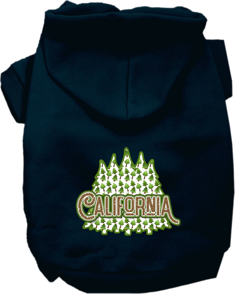 A cozy screen printed hoodie for small to medium pets featuring a California Woodland Trees design, perfect for stylish outdoor adventures.