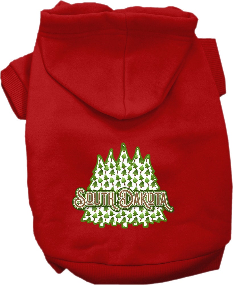 A cozy screen printed hoodie for small to medium pets featuring a South Dakota woodland trees design, perfect for chilly weather.