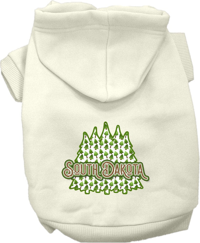 A cozy screen printed hoodie for small to medium pets featuring a South Dakota woodland trees design, perfect for chilly weather.