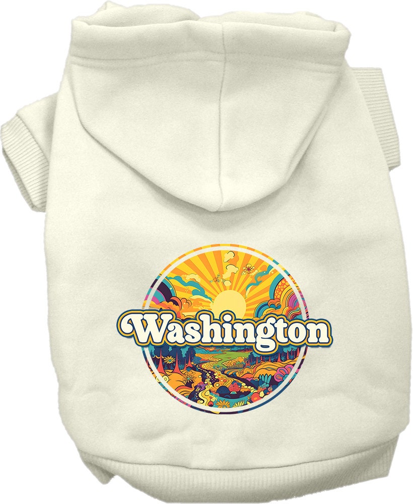 A small to medium pet wearing a stylish screen printed hoodie featuring the 'Washington Trippy Peaks' design, showcasing comfort and durability.