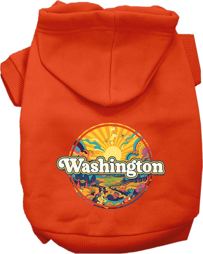 A small to medium pet wearing a stylish screen printed hoodie featuring the 'Washington Trippy Peaks' design, showcasing comfort and durability.