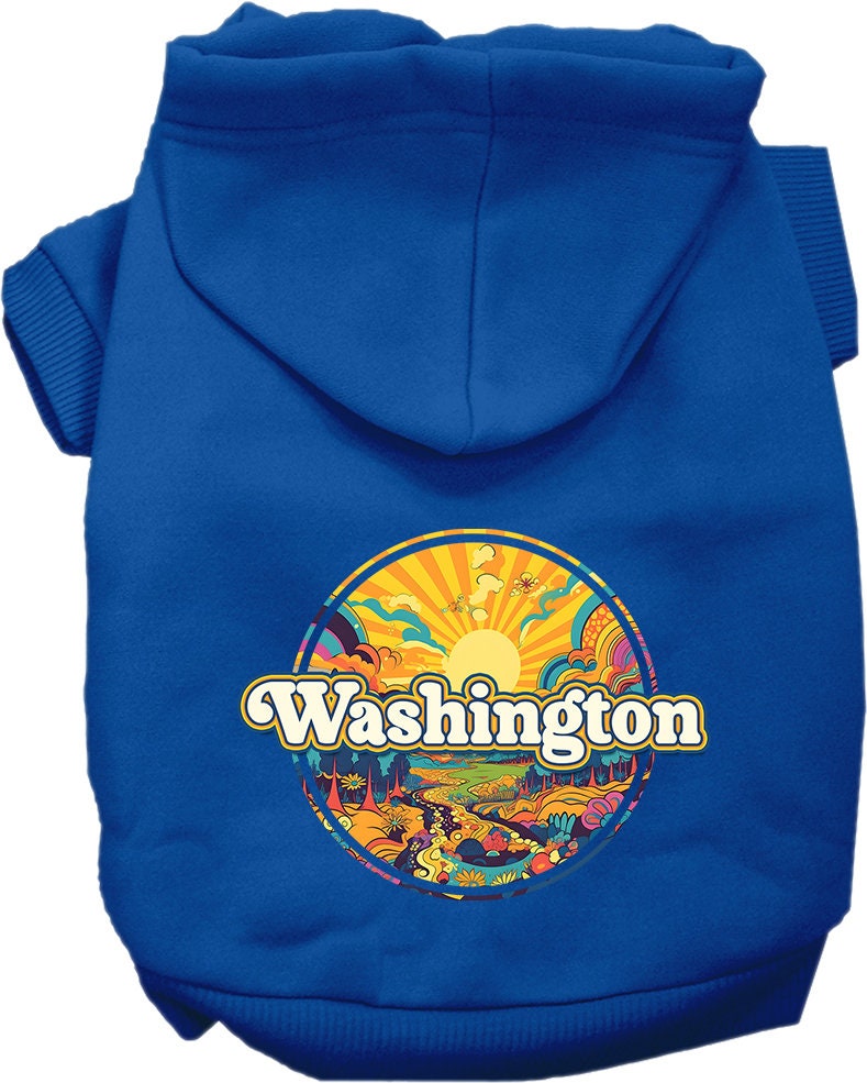A small to medium pet wearing a stylish screen printed hoodie featuring the 'Washington Trippy Peaks' design, showcasing comfort and durability.