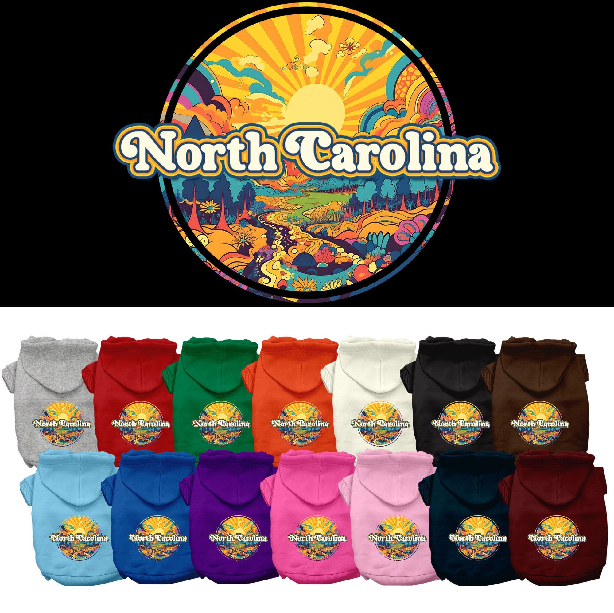 A cozy screen printed hoodie for small to medium pets, featuring the 'North Carolina Groovy Summit' design, perfect for stylish walks.