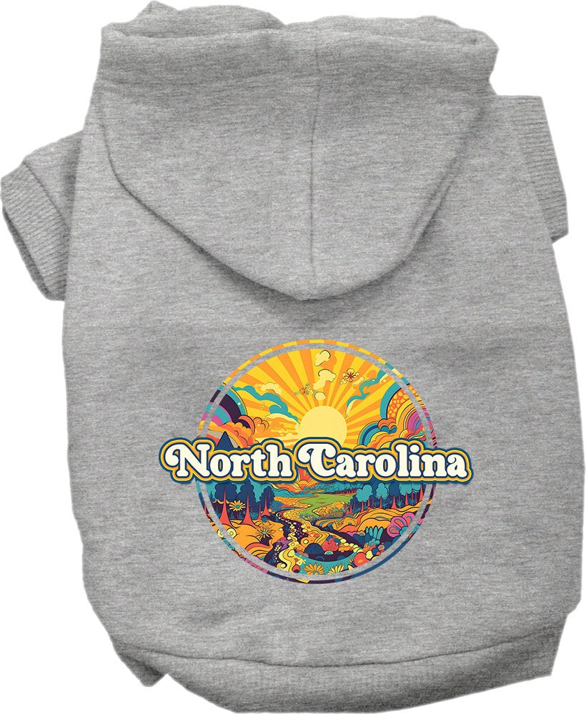 A cozy screen printed hoodie for small to medium pets, featuring the 'North Carolina Groovy Summit' design, perfect for stylish walks.