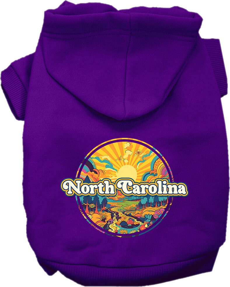 A cozy screen printed hoodie for small to medium pets, featuring the 'North Carolina Groovy Summit' design, perfect for stylish walks.