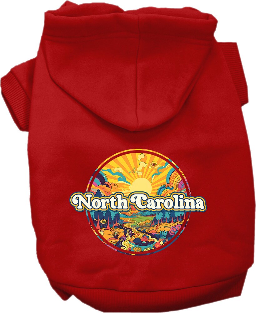 A cozy screen printed hoodie for small to medium pets, featuring the 'North Carolina Groovy Summit' design, perfect for stylish walks.