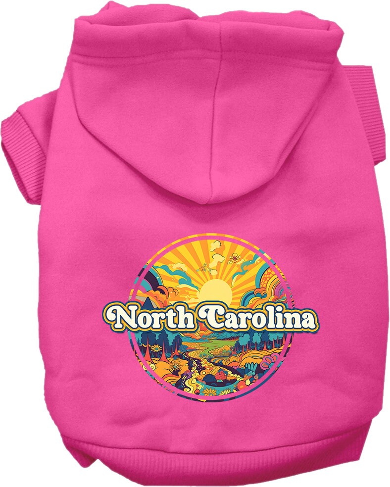 A cozy screen printed hoodie for small to medium pets, featuring the 'North Carolina Groovy Summit' design, perfect for stylish walks.