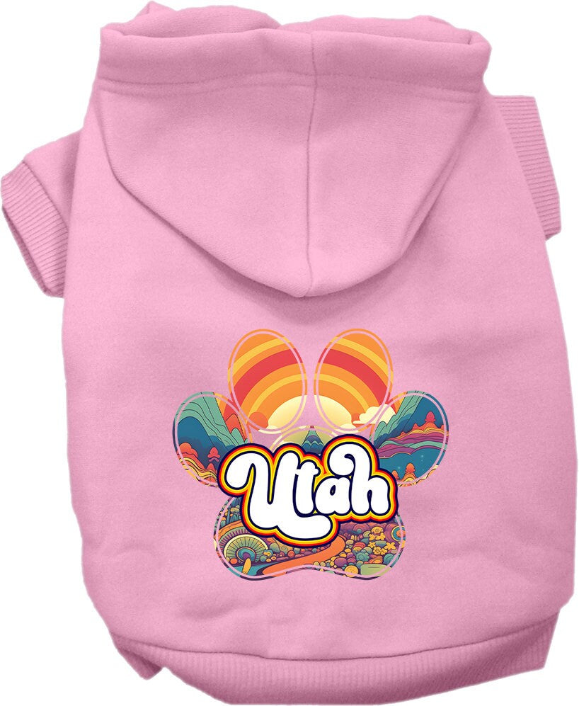 A cozy screen printed hoodie for small to medium pets, featuring a unique 'Utah Groovy Summit' design, perfect for dogs and cats.