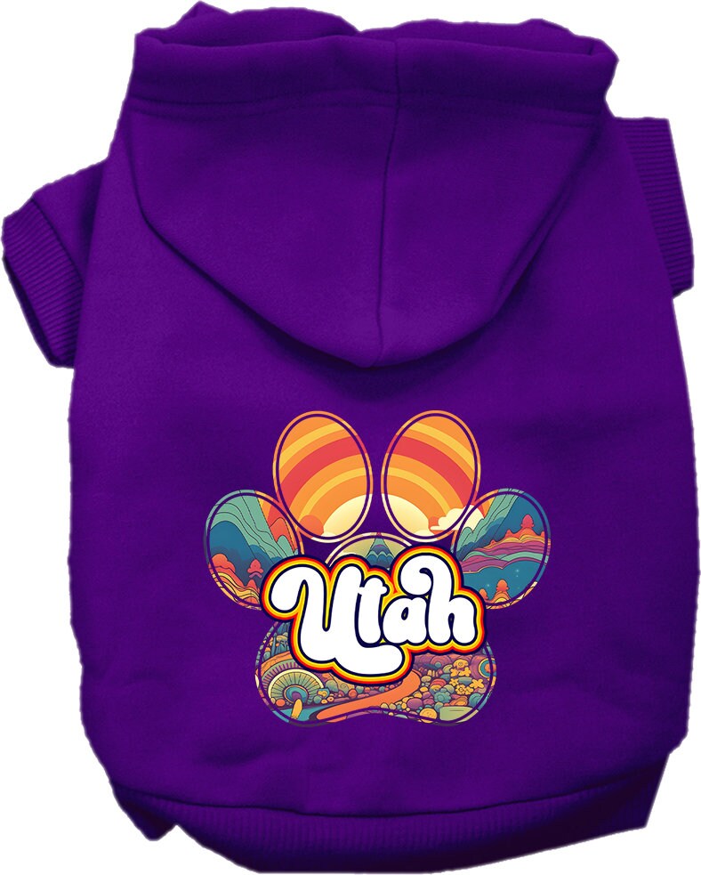 A cozy screen printed hoodie for small to medium pets, featuring a unique 'Utah Groovy Summit' design, perfect for dogs and cats.