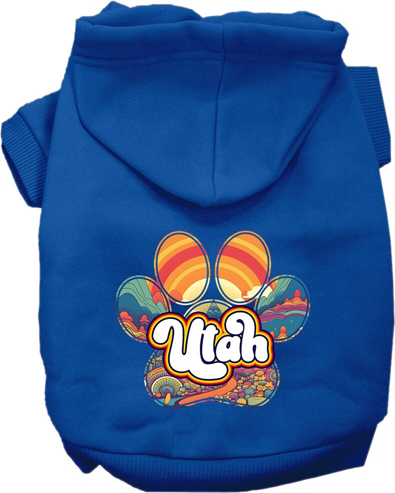 A cozy screen printed hoodie for small to medium pets, featuring a unique 'Utah Groovy Summit' design, perfect for dogs and cats.
