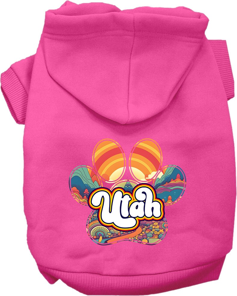 A cozy screen printed hoodie for small to medium pets, featuring a unique 'Utah Groovy Summit' design, perfect for dogs and cats.