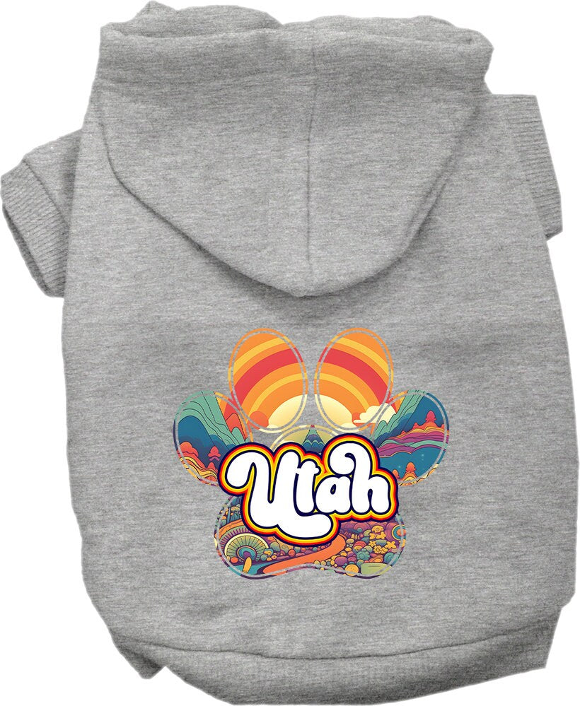 A cozy screen printed hoodie for small to medium pets, featuring a unique 'Utah Groovy Summit' design, perfect for dogs and cats.
