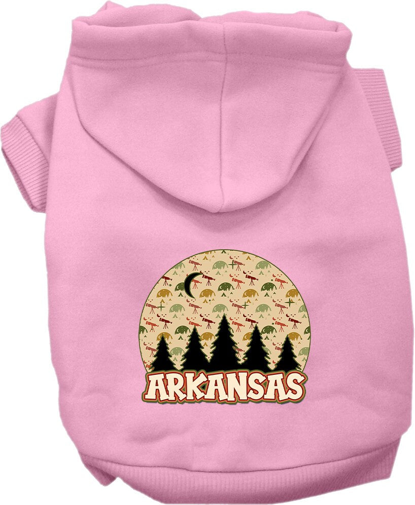 A cozy screen printed hoodie for small to medium pets, featuring the design 'Arkansas Under The Stars', made from soft cotton-polyester blend.