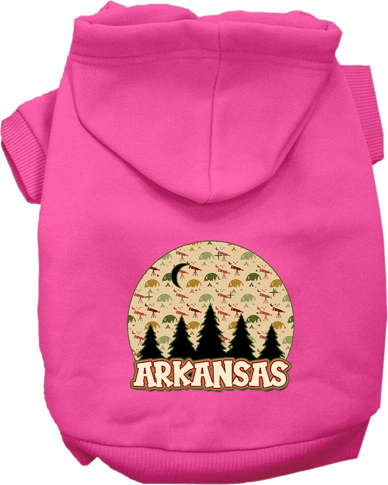 A cozy screen printed hoodie for small to medium pets, featuring the design 'Arkansas Under The Stars', made from soft cotton-polyester blend.