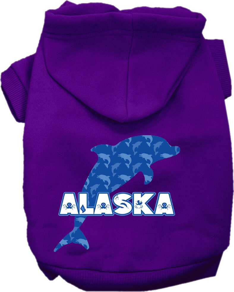 A cozy screen printed hoodie for small to medium pets, featuring a vibrant Alaska Blue Dolphins design, perfect for dogs and cats.