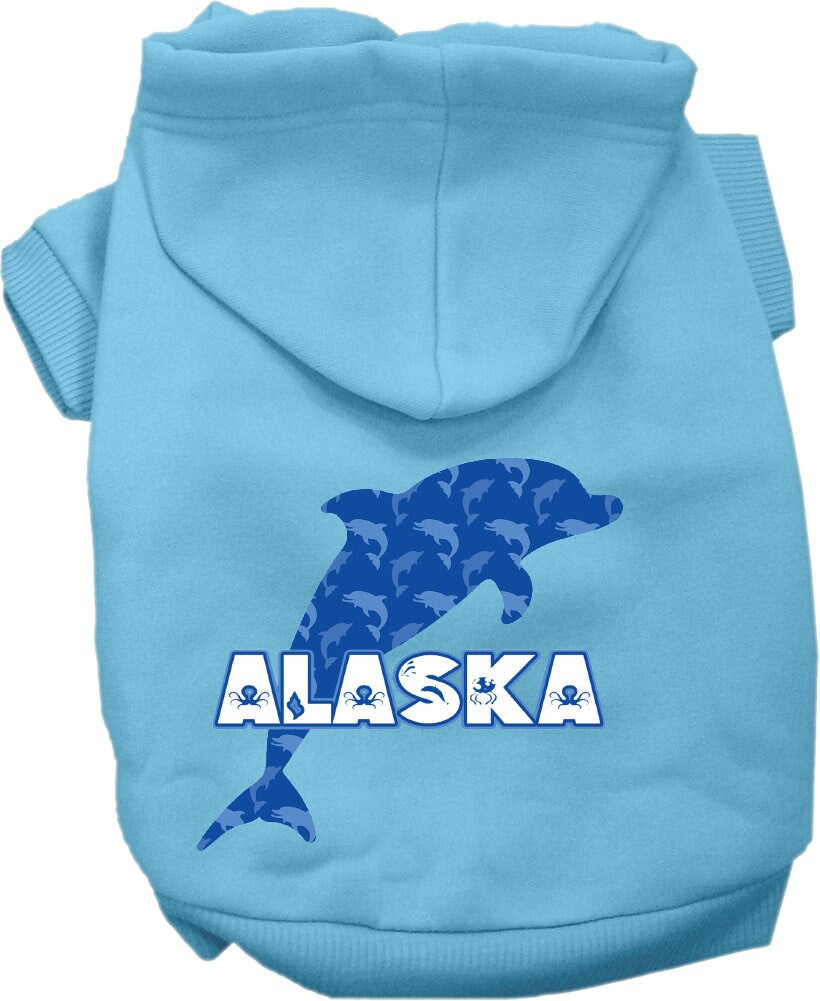 A cozy screen printed hoodie for small to medium pets, featuring a vibrant Alaska Blue Dolphins design, perfect for dogs and cats.