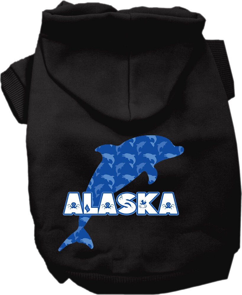 A cozy screen printed hoodie for small to medium pets, featuring a vibrant Alaska Blue Dolphins design, perfect for dogs and cats.