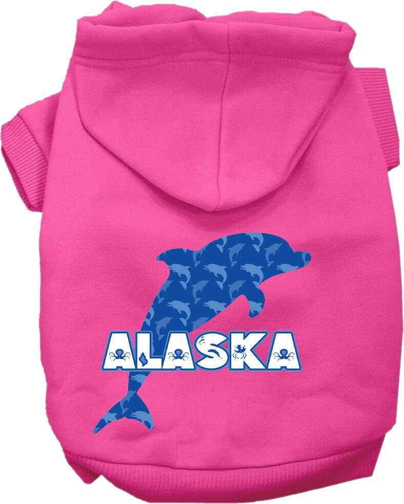 A cozy screen printed hoodie for small to medium pets, featuring a vibrant Alaska Blue Dolphins design, perfect for dogs and cats.
