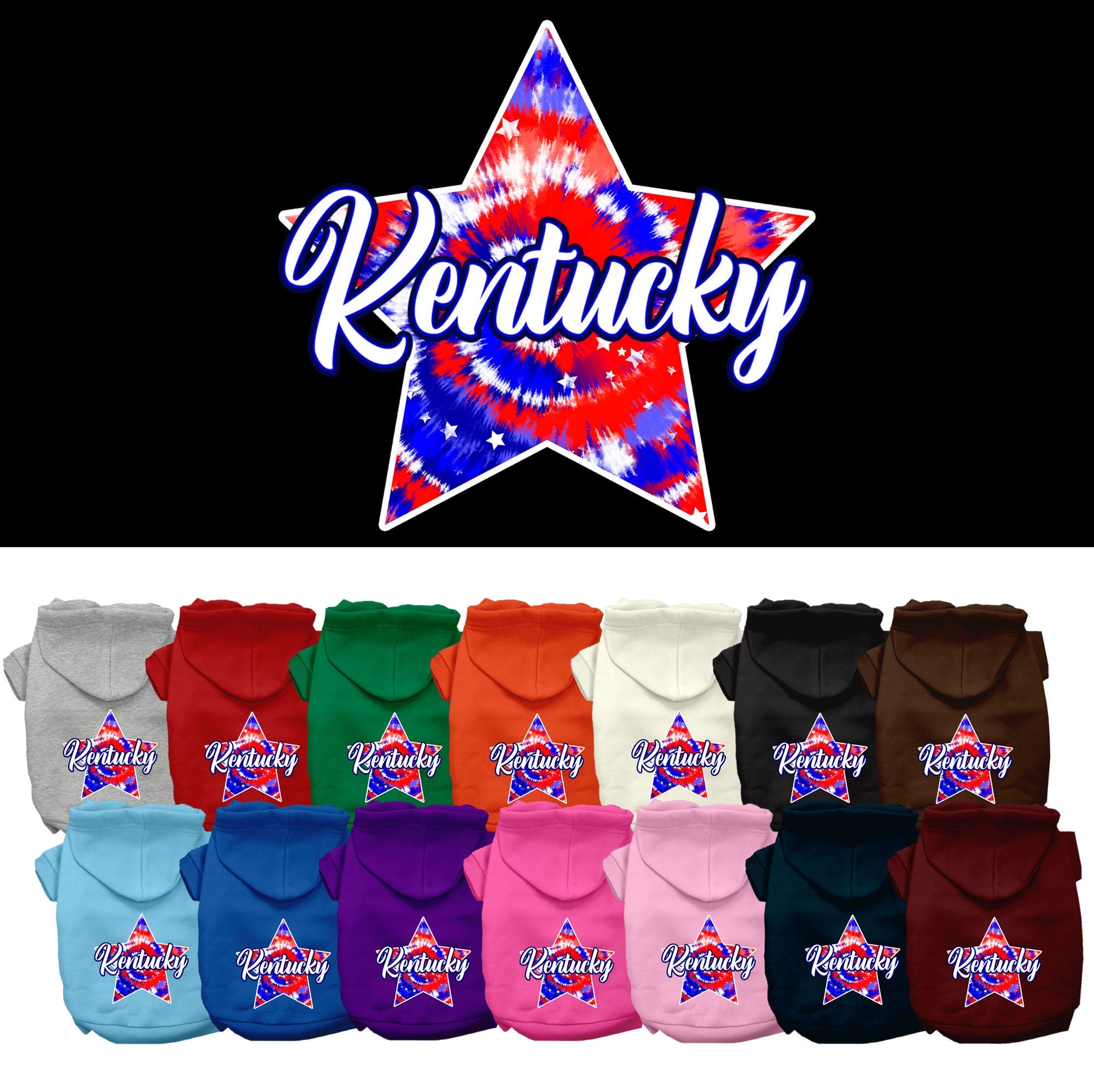 A small to medium pet wearing a Kentucky Patriotic Tie Dye hoodie, showcasing vibrant colors and a comfortable fit.