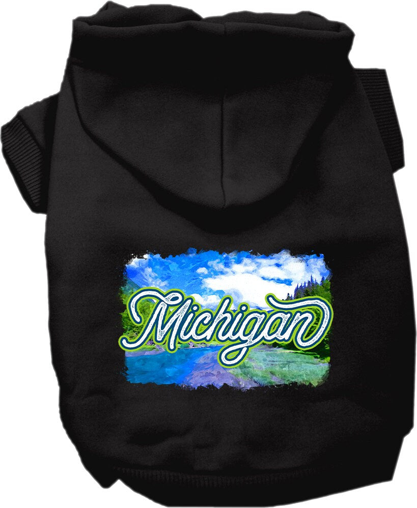 A small to medium pet wearing a cozy Michigan Summer screen printed hoodie, showcasing its soft fabric and stylish design.