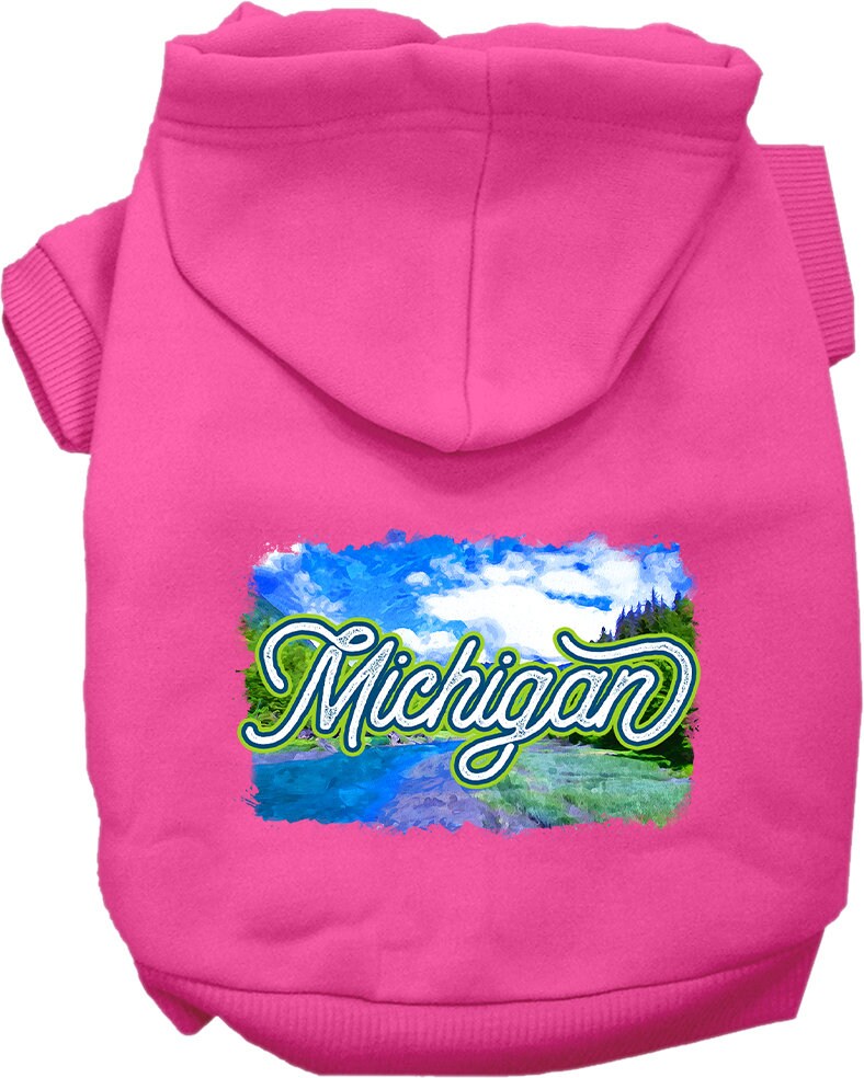 A small to medium pet wearing a cozy Michigan Summer screen printed hoodie, showcasing its soft fabric and stylish design.