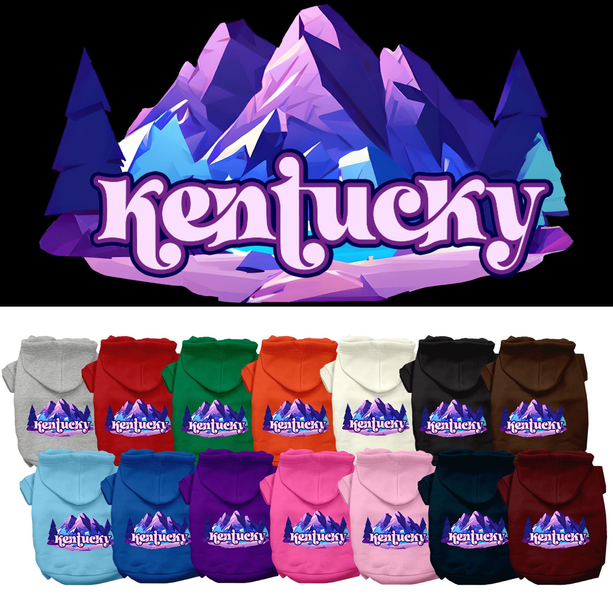 A cozy screen printed hoodie for small to medium pets, featuring the Kentucky Alpine Pawscape design, showcasing its soft fabric and durable stitching.