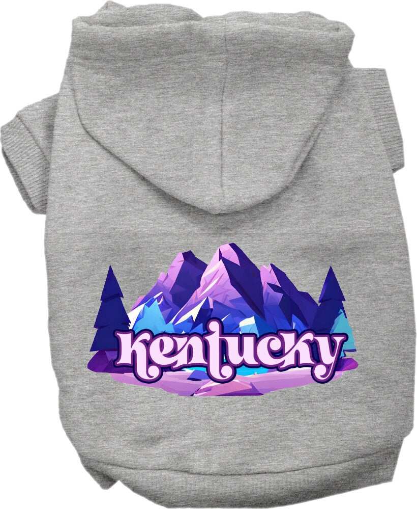 A cozy screen printed hoodie for small to medium pets, featuring the Kentucky Alpine Pawscape design, showcasing its soft fabric and durable stitching.