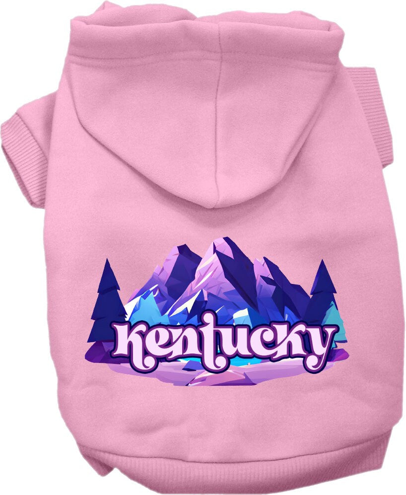 A cozy screen printed hoodie for small to medium pets, featuring the Kentucky Alpine Pawscape design, showcasing its soft fabric and durable stitching.