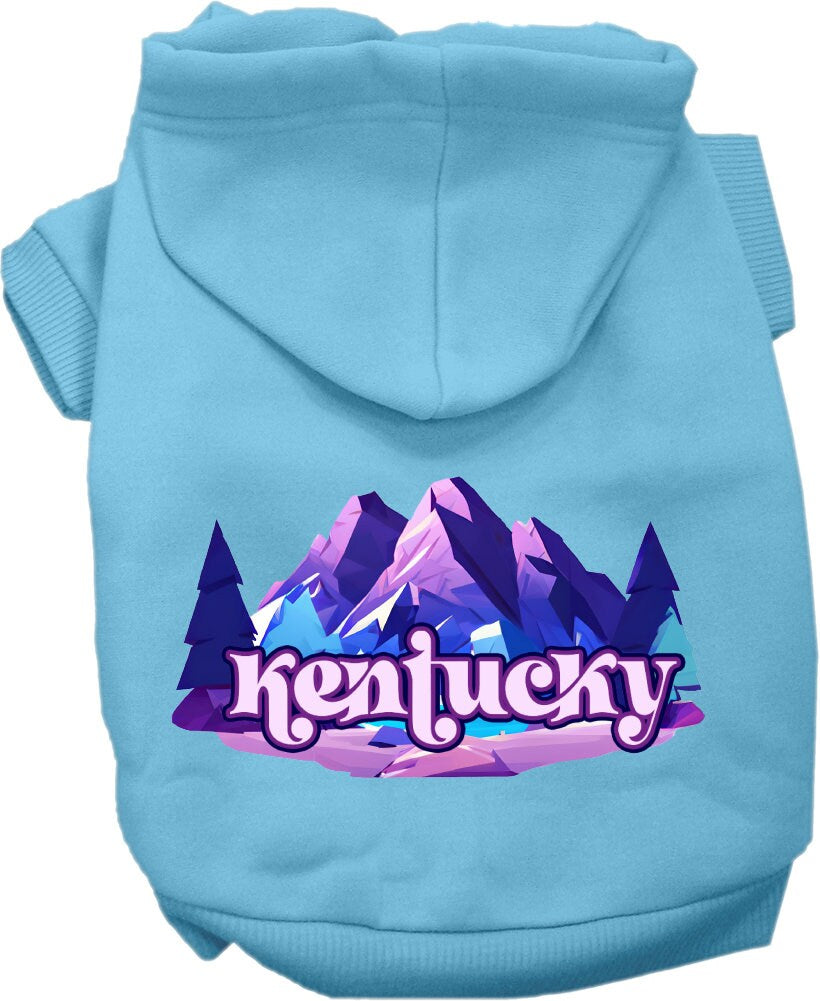 A cozy screen printed hoodie for small to medium pets, featuring the Kentucky Alpine Pawscape design, showcasing its soft fabric and durable stitching.