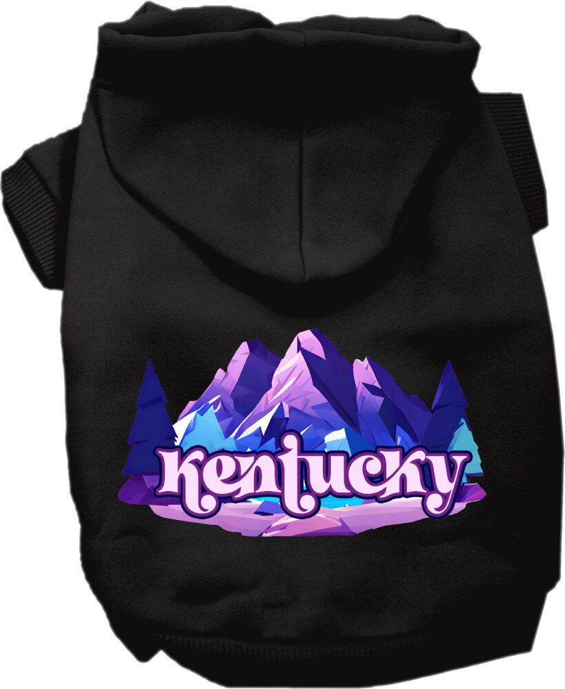 A cozy screen printed hoodie for small to medium pets, featuring the Kentucky Alpine Pawscape design, showcasing its soft fabric and durable stitching.
