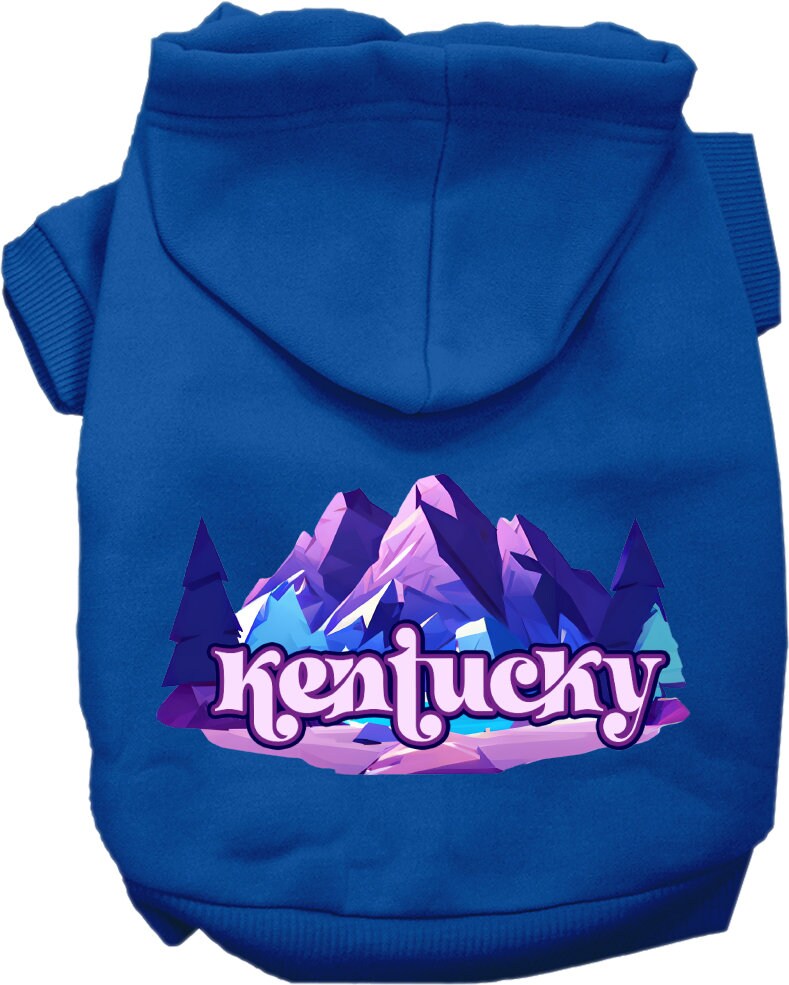 A cozy screen printed hoodie for small to medium pets, featuring the Kentucky Alpine Pawscape design, showcasing its soft fabric and durable stitching.