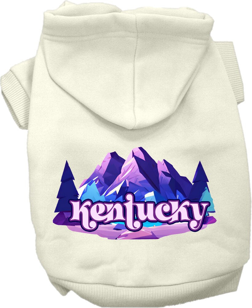 A cozy screen printed hoodie for small to medium pets, featuring the Kentucky Alpine Pawscape design, showcasing its soft fabric and durable stitching.
