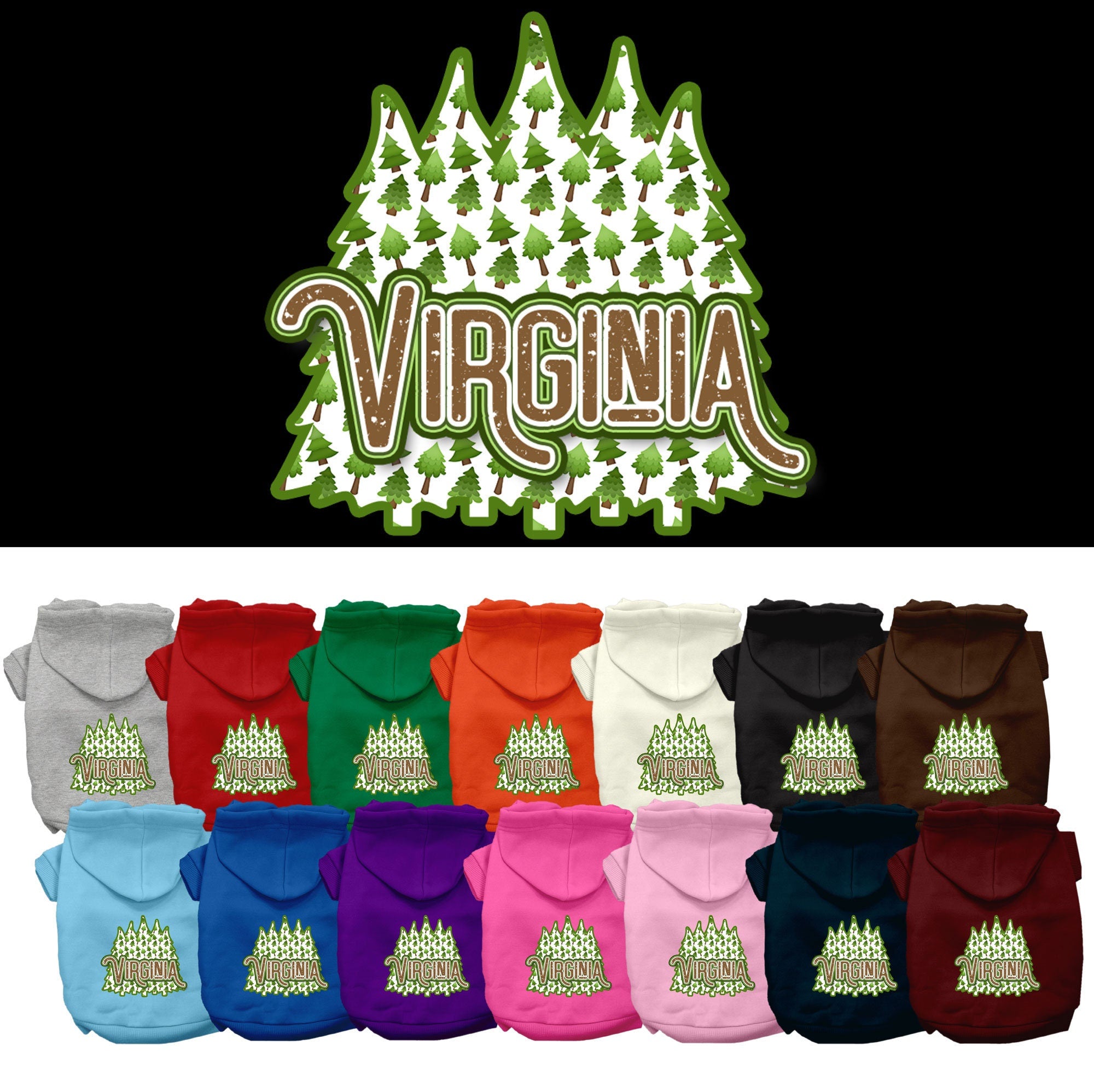 A cozy screen printed hoodie for small to medium pets featuring a Virginia Woodland Trees design, perfect for dogs and cats.