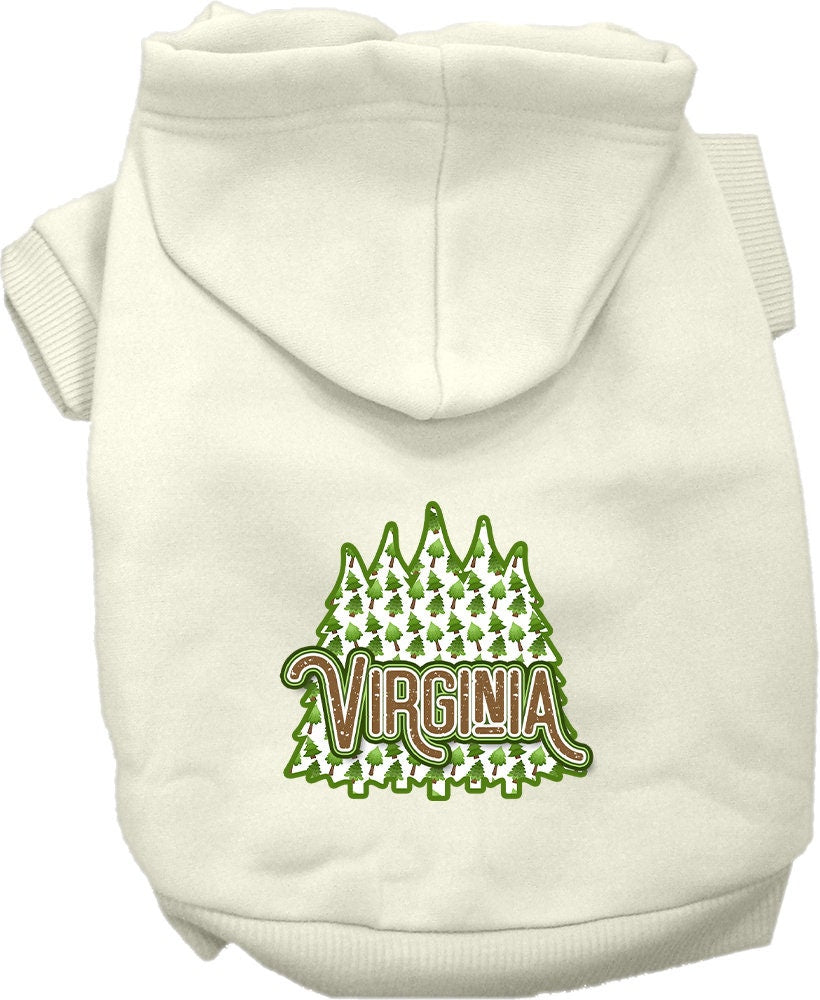 A cozy screen printed hoodie for small to medium pets featuring a Virginia Woodland Trees design, perfect for dogs and cats.