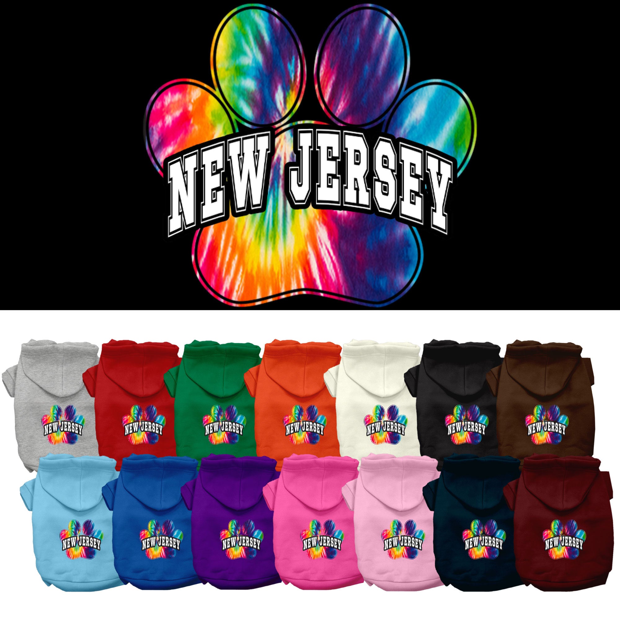 A small to medium pet wearing a colorful New Jersey Bright Tie Dye hoodie, showcasing its soft fabric and stylish design.