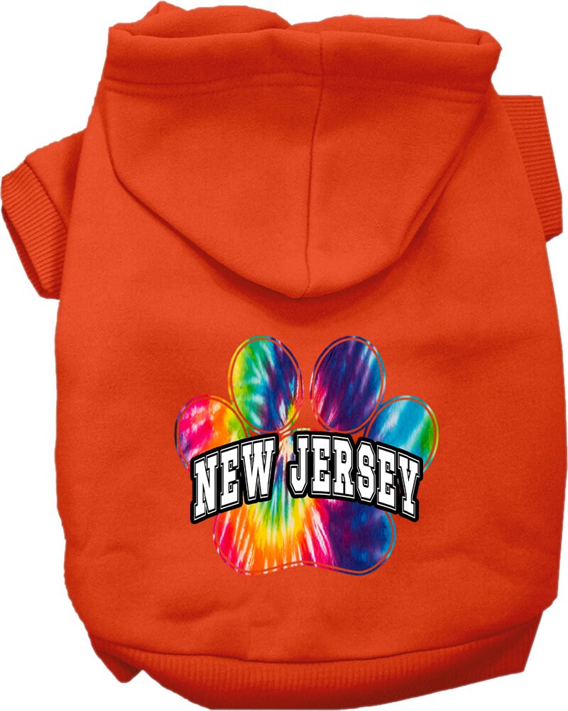 A small to medium pet wearing a colorful New Jersey Bright Tie Dye hoodie, showcasing its soft fabric and stylish design.