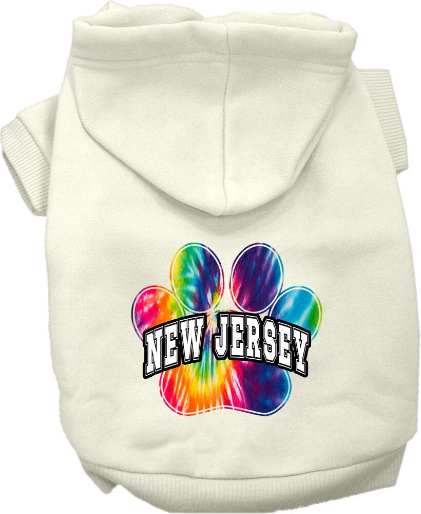 A small to medium pet wearing a colorful New Jersey Bright Tie Dye hoodie, showcasing its soft fabric and stylish design.
