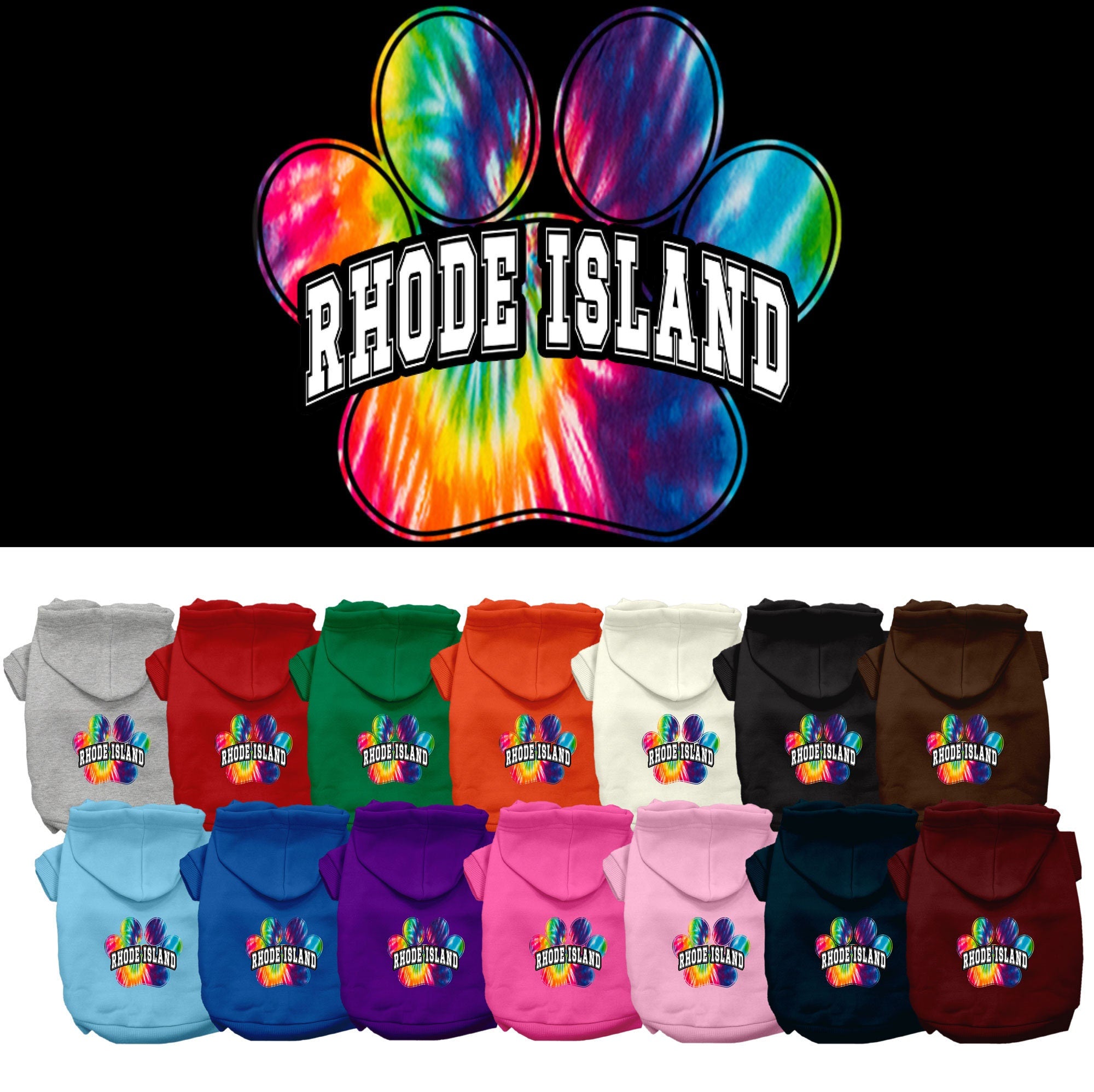 A vibrant Rhode Island Bright Tie Dye hoodie for small to medium pets, showcasing its soft fabric and convenient leash access hole.