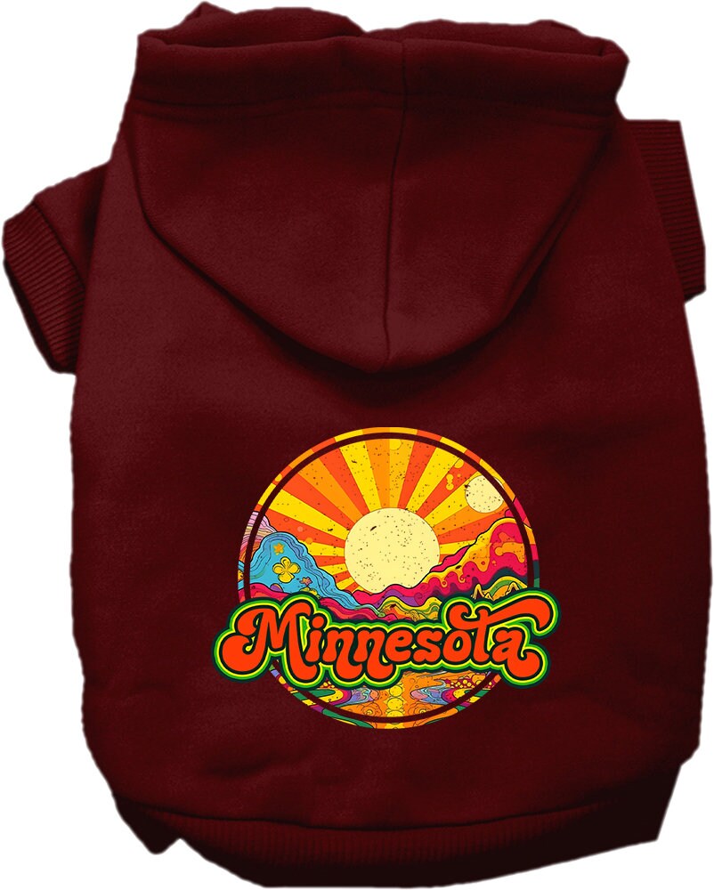 A cozy screen printed hoodie for small to medium pets, featuring the Minnesota Mellow Mountain design, showcasing its soft fabric and durable stitching.