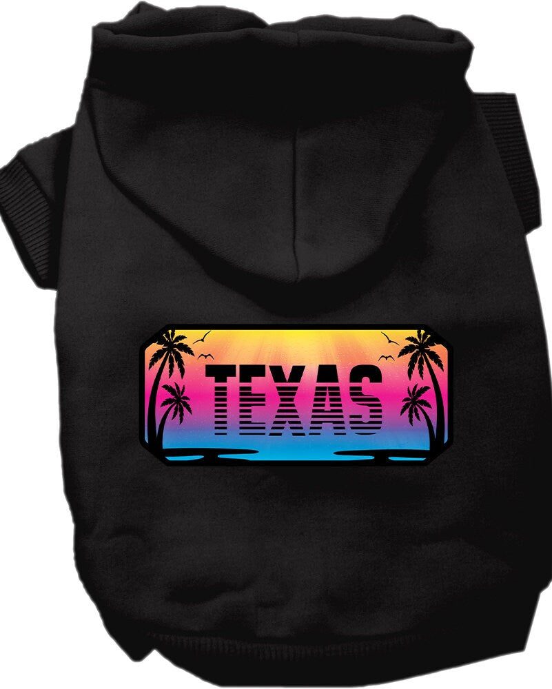 A cozy screen printed hoodie for small to medium pets, featuring a stylish Texas Beach Shades design, perfect for dogs and cats.