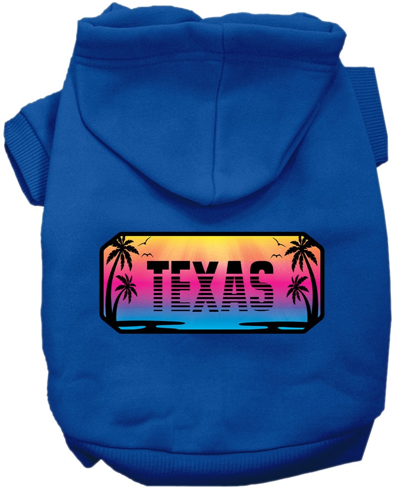 A cozy screen printed hoodie for small to medium pets, featuring a stylish Texas Beach Shades design, perfect for dogs and cats.