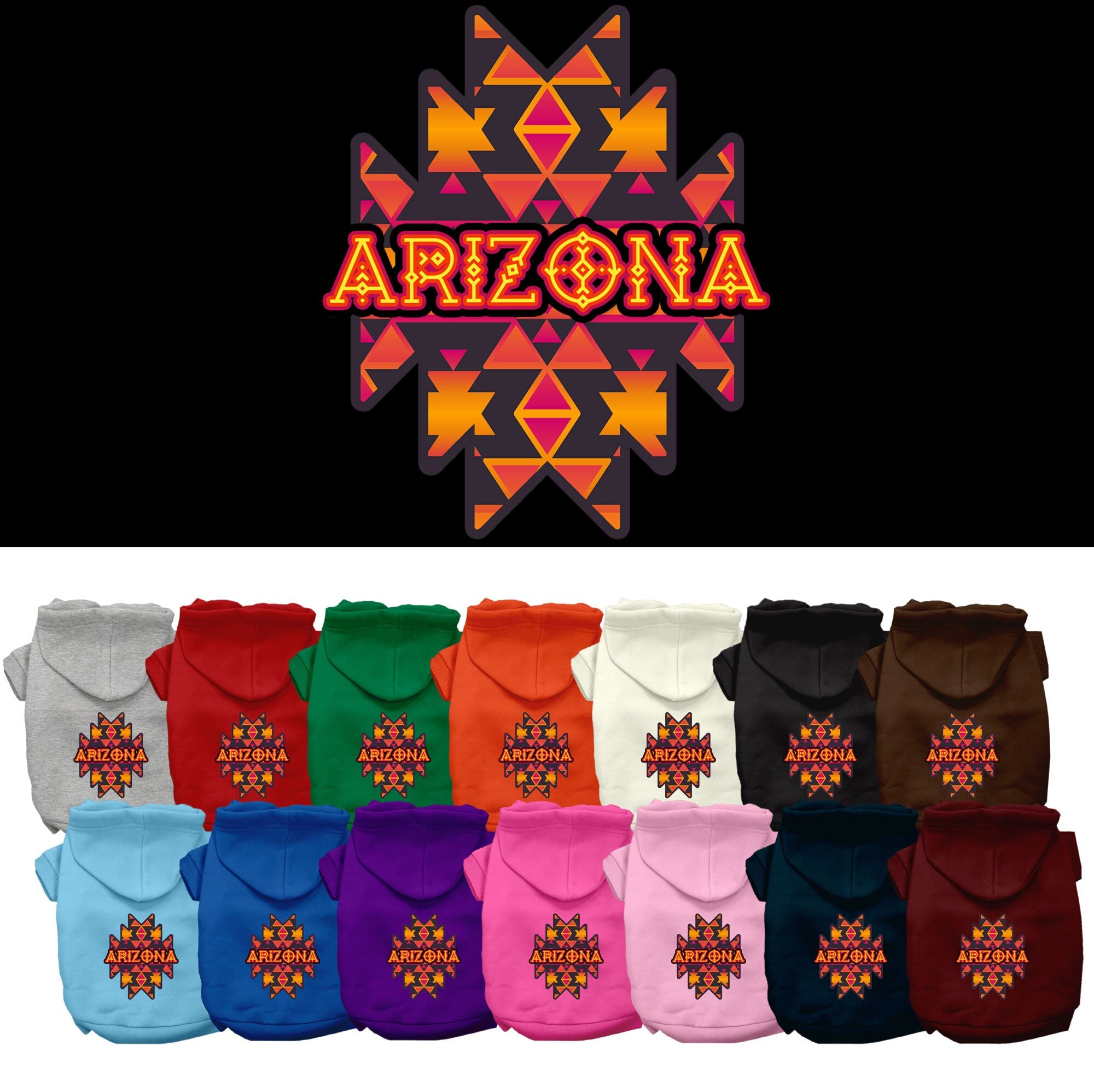 A small to medium pet wearing a cozy Arizona Navajo Tribal screen printed hoodie, showcasing its unique design and comfortable fit.